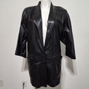 Lisa Loren Black Matrix Front Pockets 3/4 Sleeve Genuine Leather Coat Size M